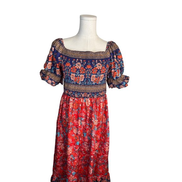 NEW Bohemian Large Floral Boho Maxi Dress Smocked Bodice & Puff Sleeves - Picture 4 of 12